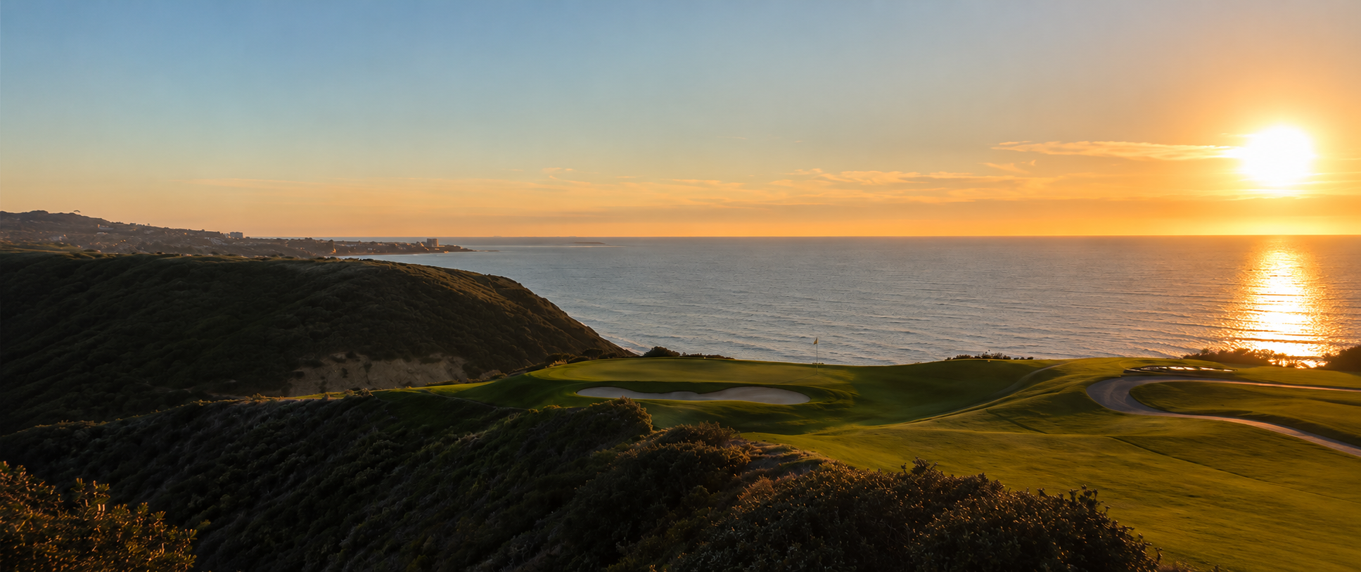 Torrey Pines South Course overlooking the Pacific Ocean at sunset